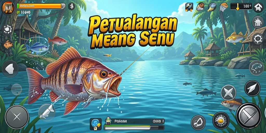 Tampilan gameplay 3446 menampilkan keseruan memancing di berbagai lokasi.