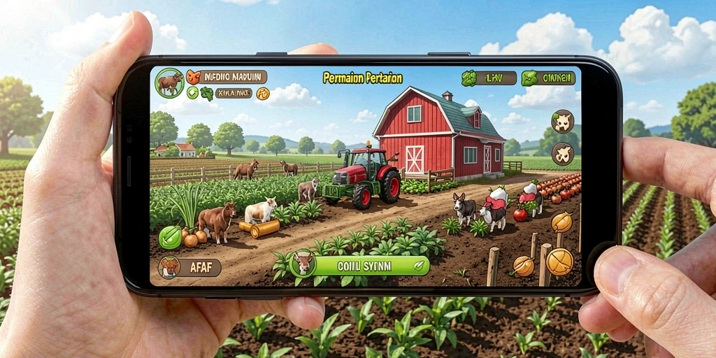 Screenshot gameplay AFAF menampilkan ladang yang subur dan aktivitas bertani.