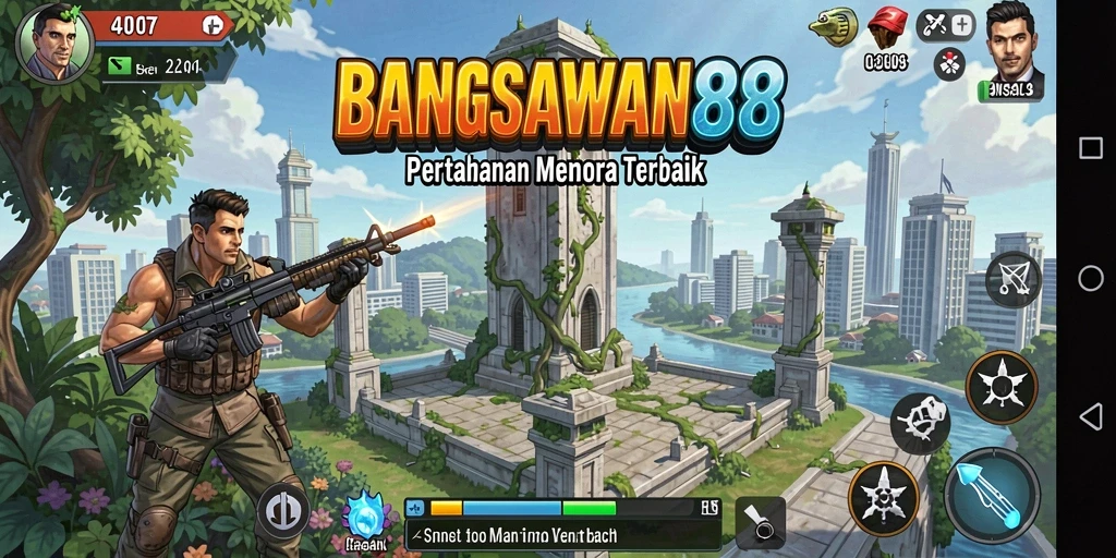 Screenshot gameplay BANGSAWAN88 menampilkan pertahanan menara yang strategis.