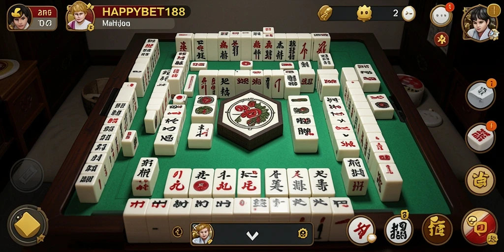 Screenshot utama menunjukkan gameplay seru dari <strong>HAPPYBET188</strong> dengan grafis Mahjong yang menawan.