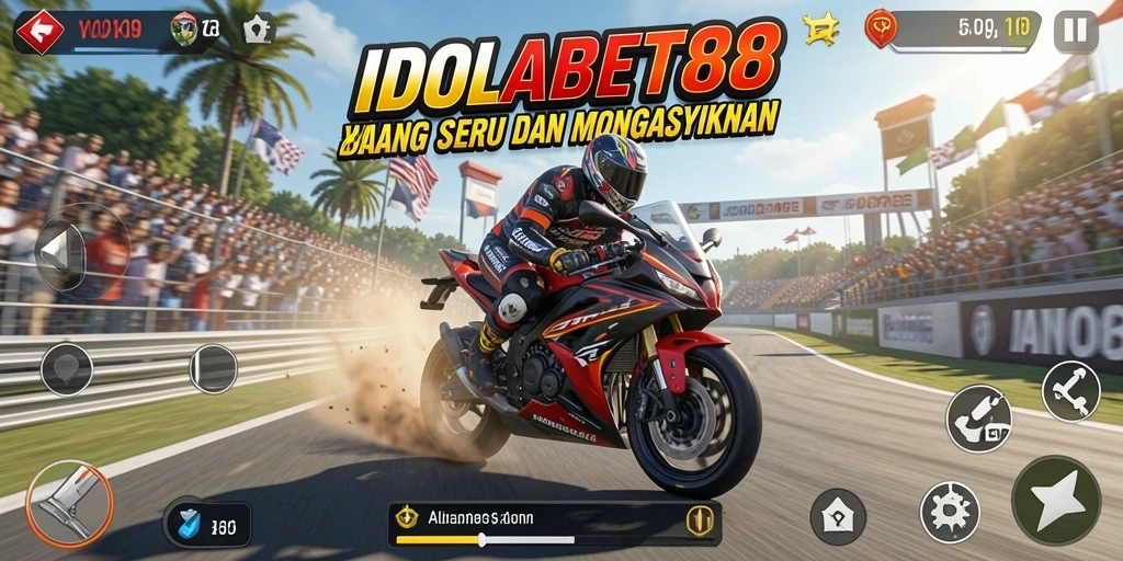 Screenshot IDOLABET88 menunjukkan aksi balapan motor yang seru dan mendebarkan.