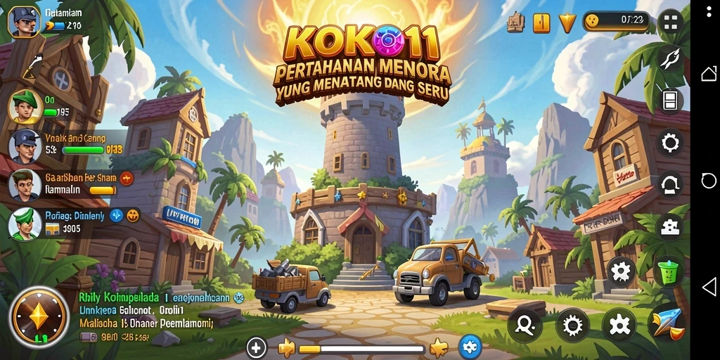 Screenshot gameplay KOKO11 menampilkan aksi pertahanan menara yang intens.