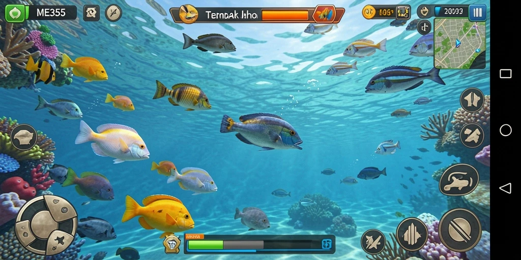 Tangkapan layar menampilkan aksi menembak ikan di ME355.
