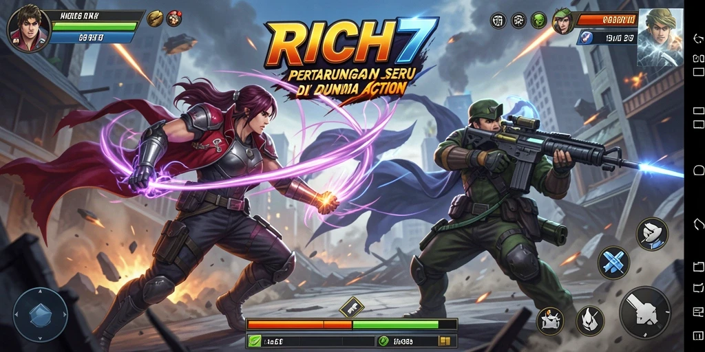 Screenshot utama RICH7 menampilkan aksi seru dalam pertempuran di arena.